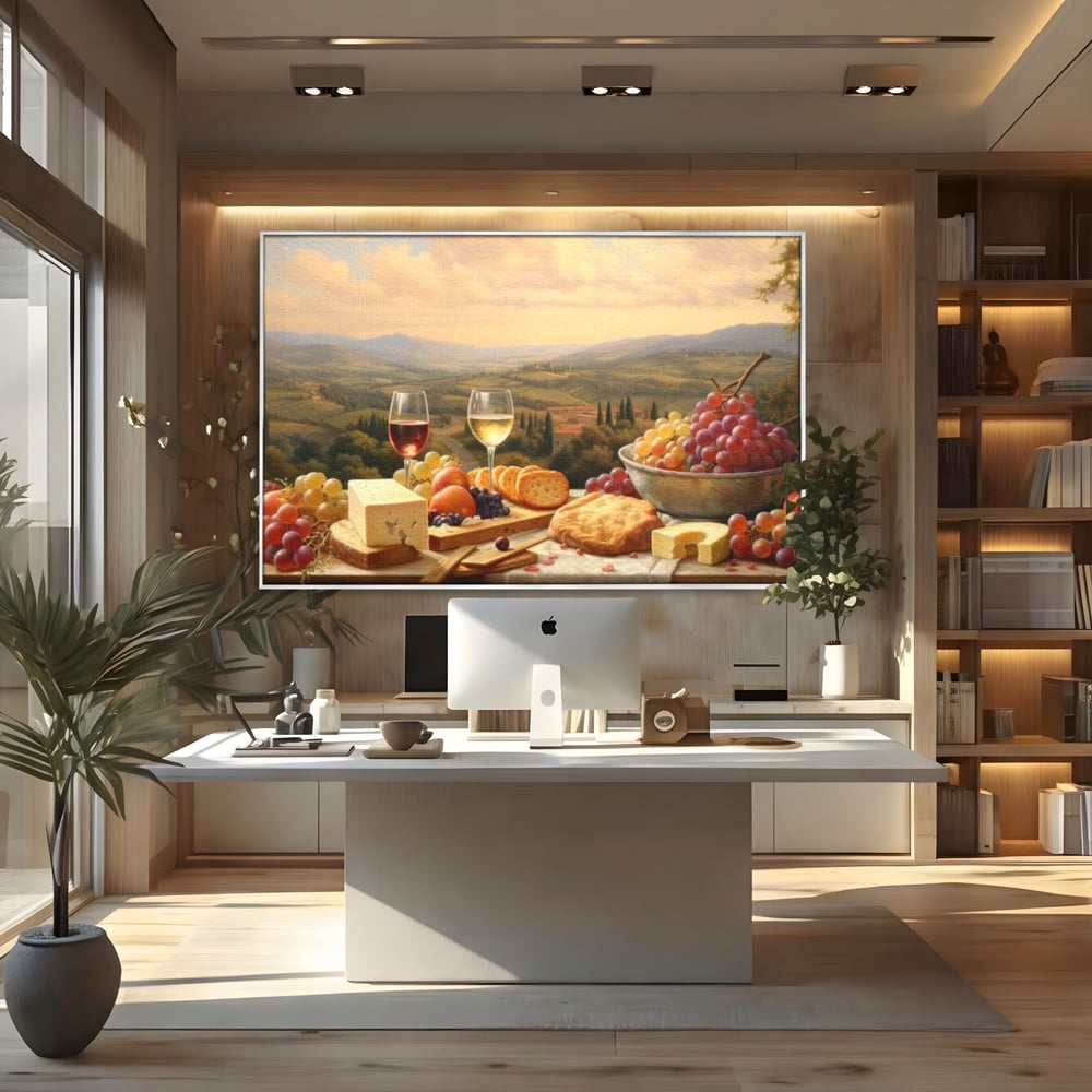 Tablou canvas cu tablou canvas cu peisaj tomnatic si masa imbelsugata, in rama de aluminiu argintiu, pe perete intr-un birou